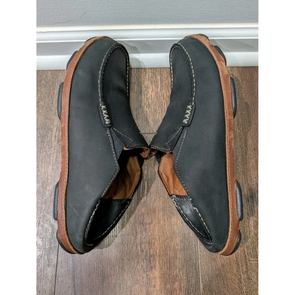 OluKai Mens Moloā Leather Slip On Shoes Black Toffee Size 11.5 Nubuck Drop Heel